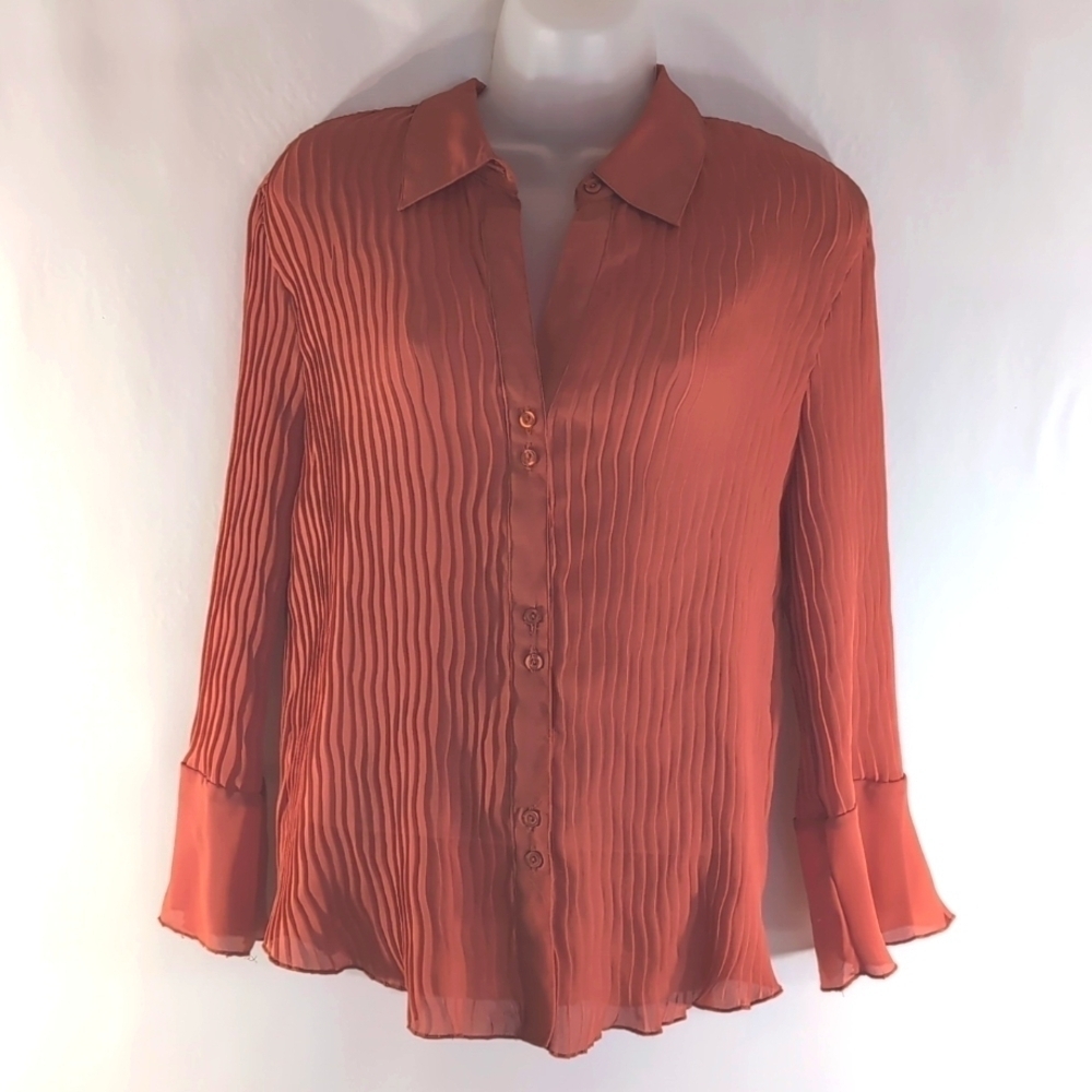 Sunny Taylor Orange Crinkle Blouse Bell Cuff Size LP